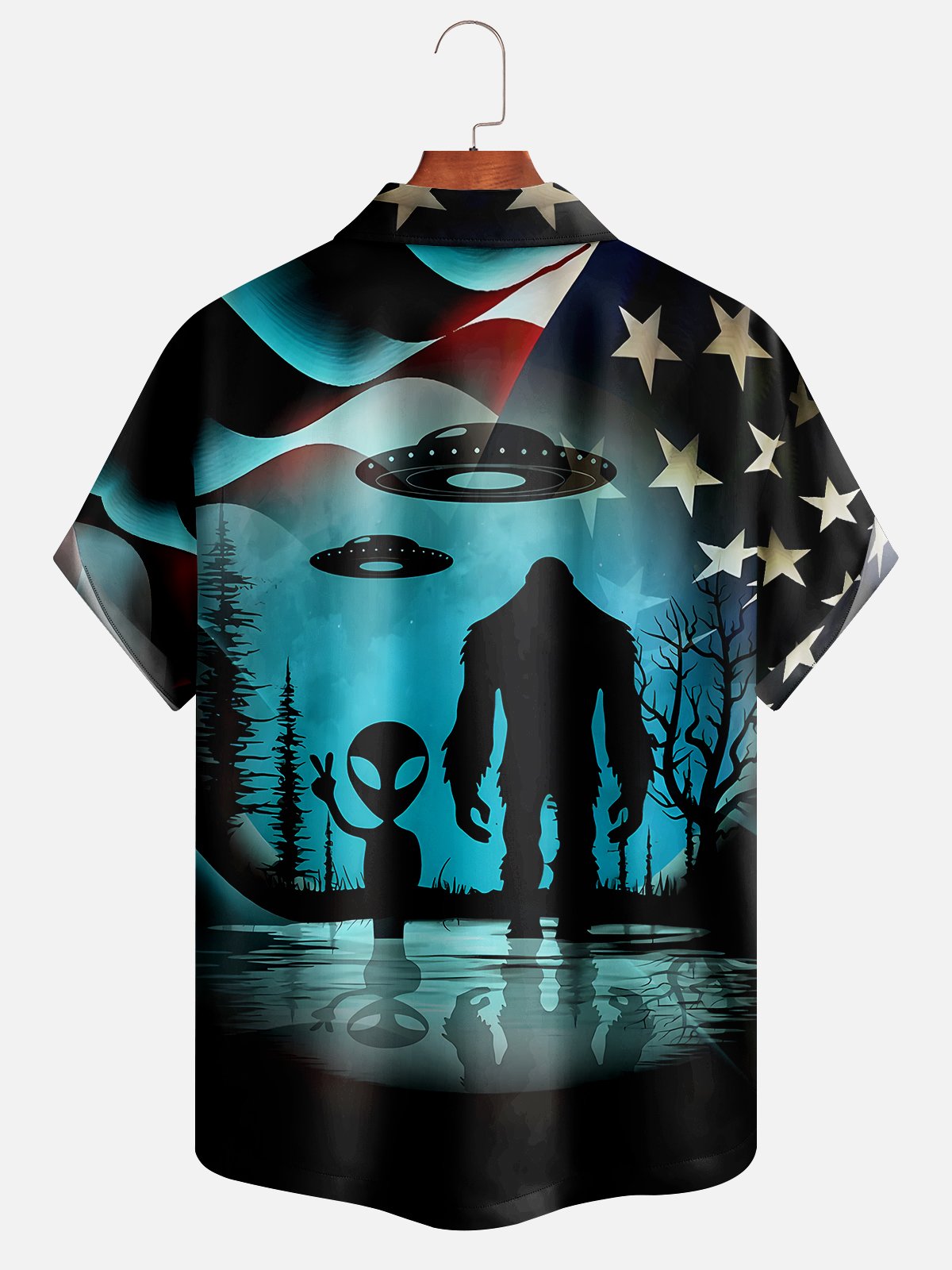 Moisture-wicking American Flag Space Alien Hawaiian Shirt
