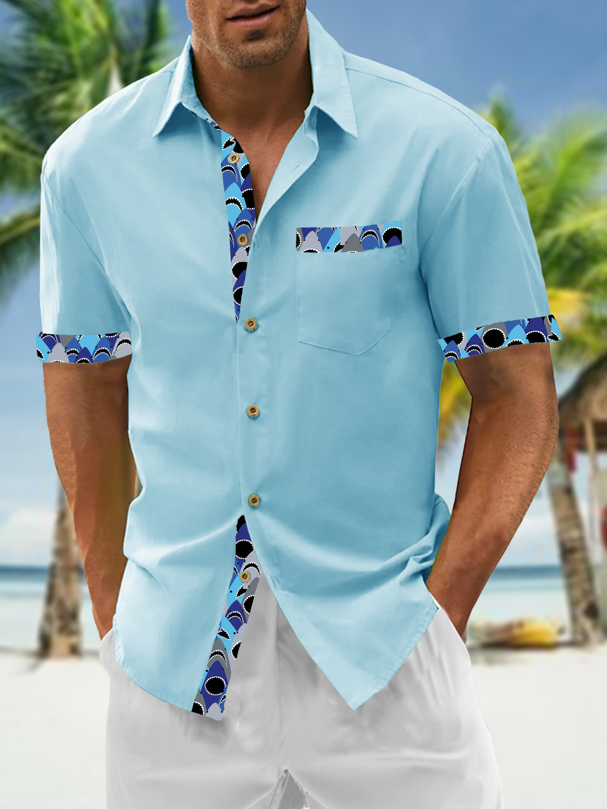 Cotton Plain Patchwork Contrasting Shark Casual Shirt