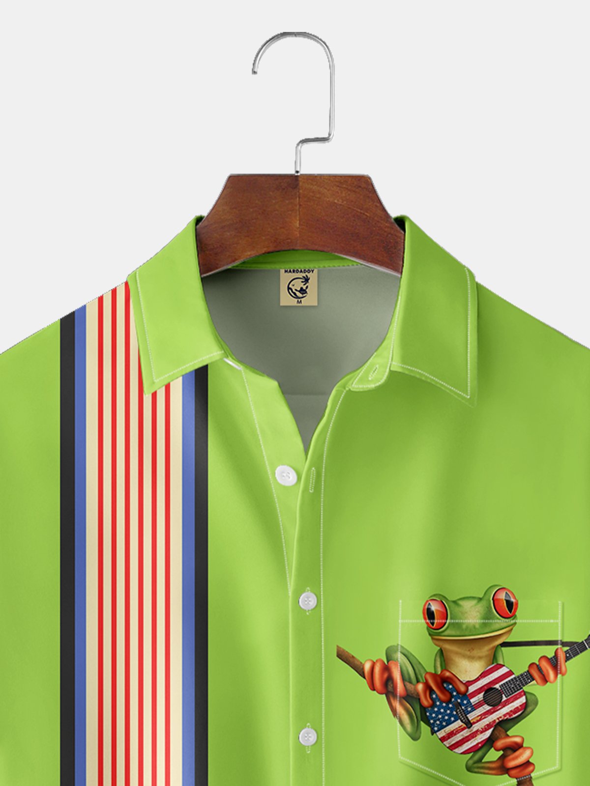 Moisture-wicking American Flag Guitar Tree Frog Chest Pocket Bowling Shirt