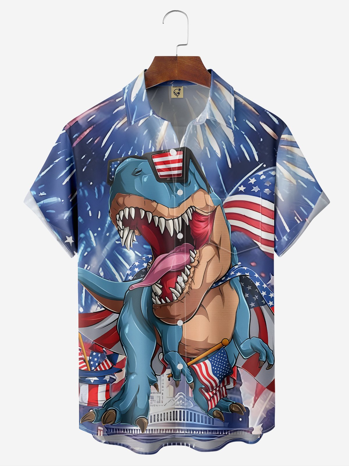 Moisture-Wicking Tropical American Flag Dinosaur Vacation Print Shirt