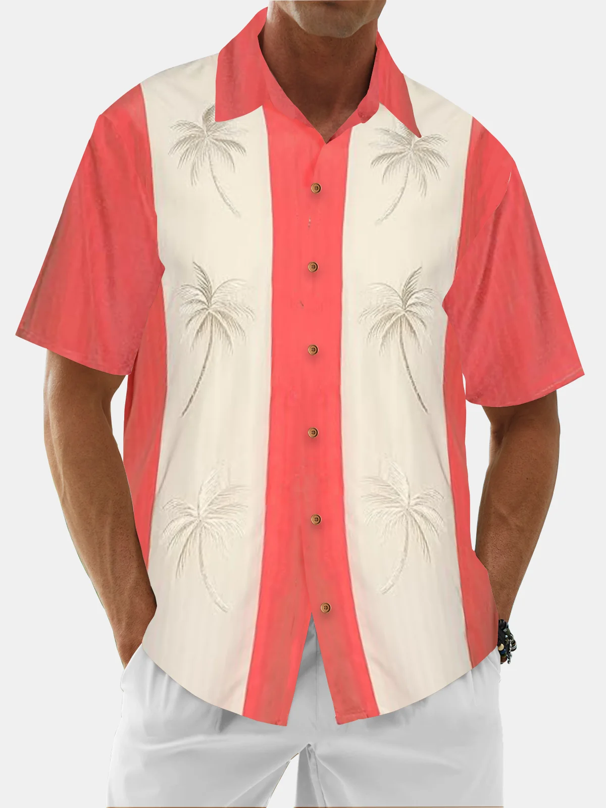 Cotton Plain Patchwork Striped Coconut Tree Bowling Shirt