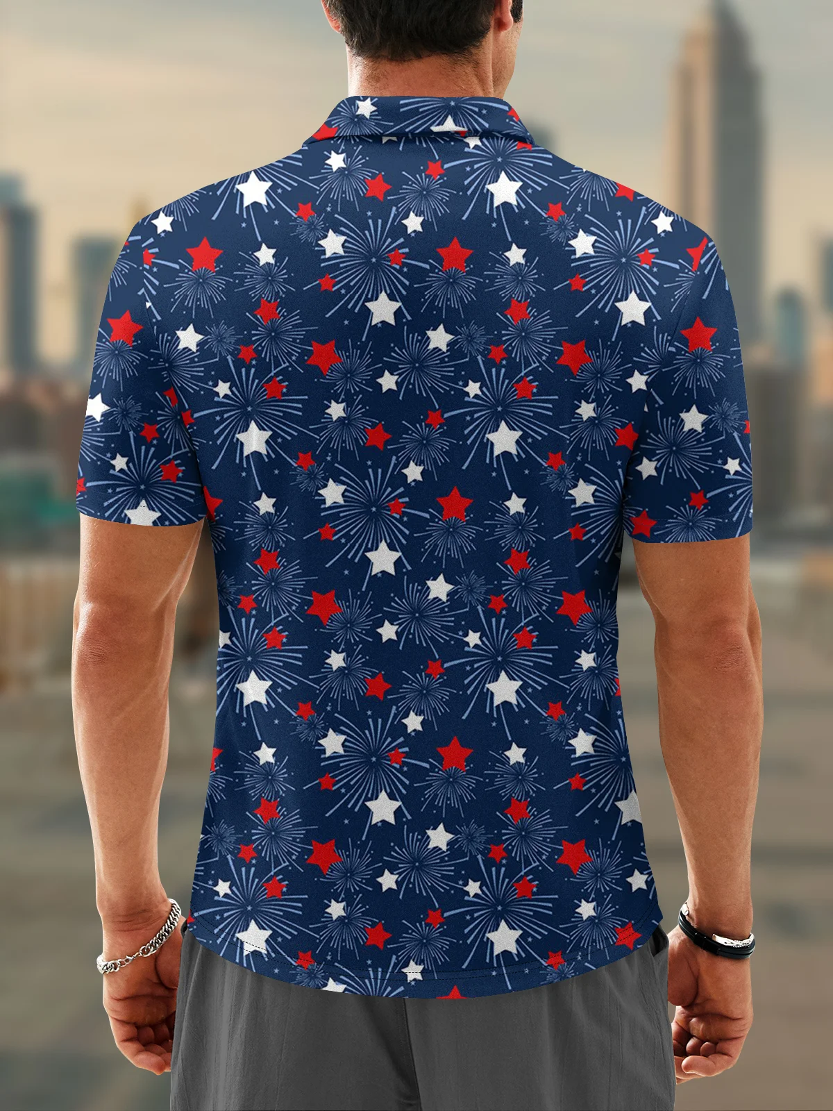 Moisture-wicking Golf Polo Fireworks American Flag