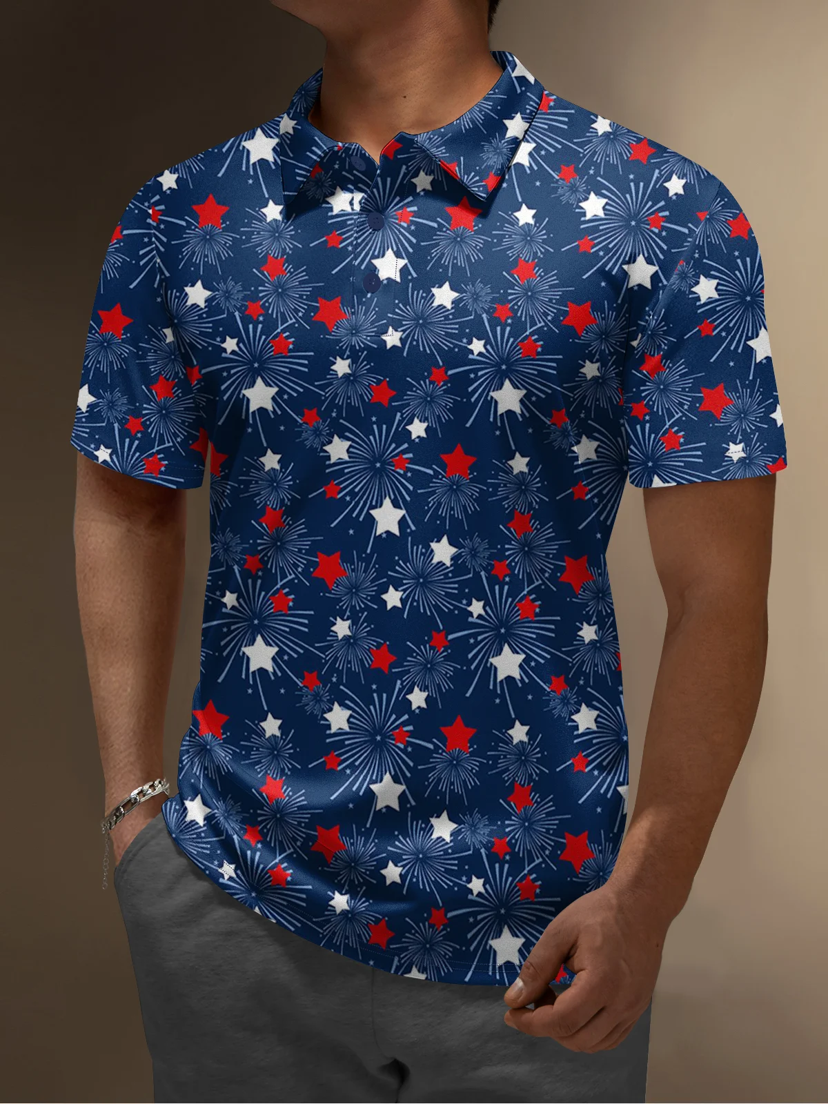 Moisture-wicking Golf Polo Fireworks American Flag