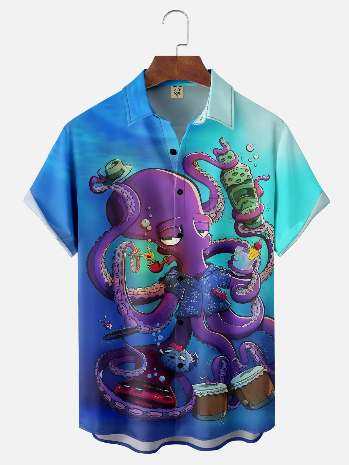 Moisture-wicking Gradient Octopus Chest Pocket Hawaiian Shirt