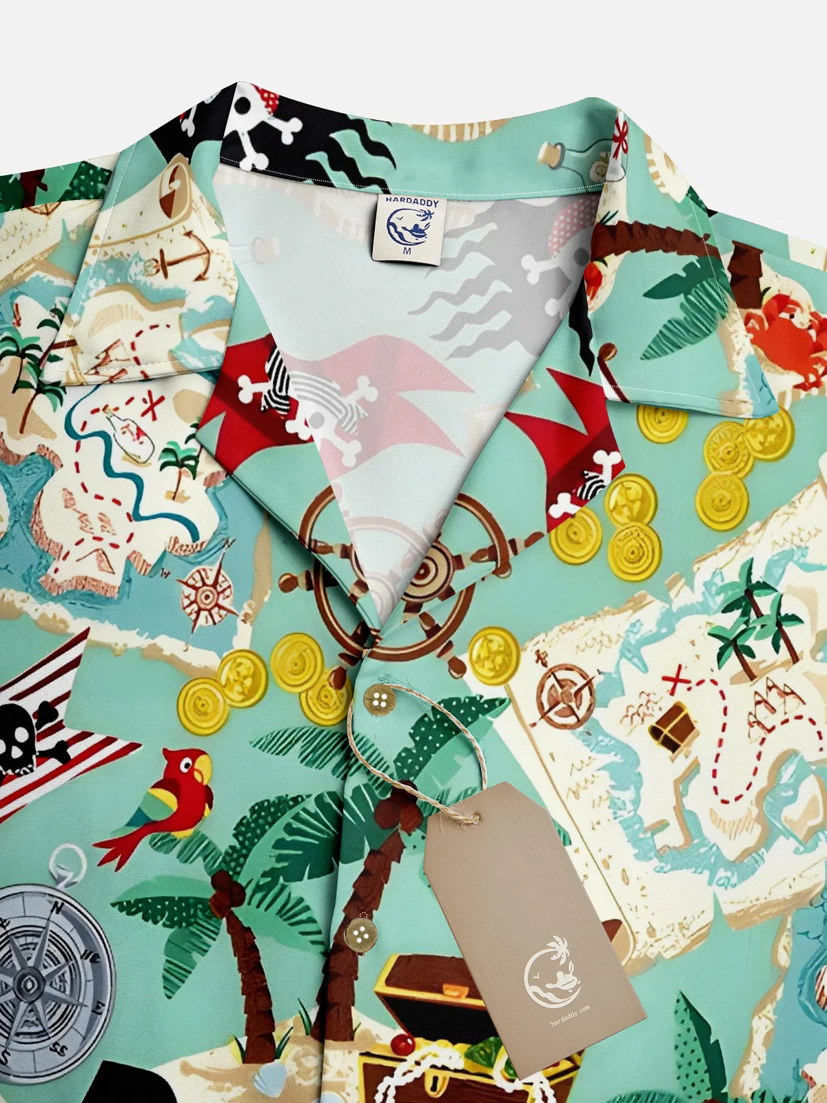 Moisture-wicking Pirate Map Coconut Tree Chest Pocket Hawaiian Shirt