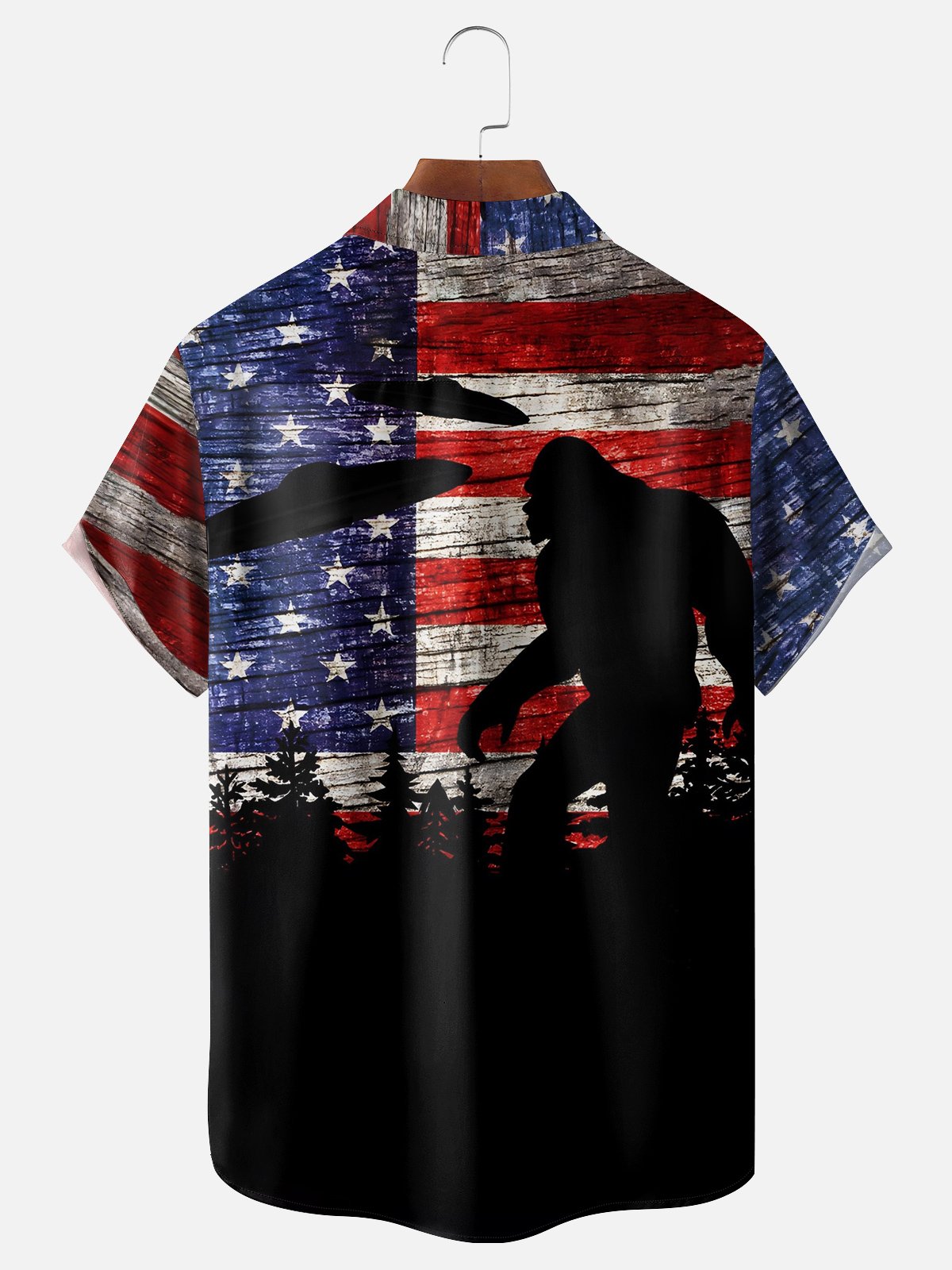 Moisture-wicking American Flag Bigfoot UFO Chest Pocket Hawaiian Shirt