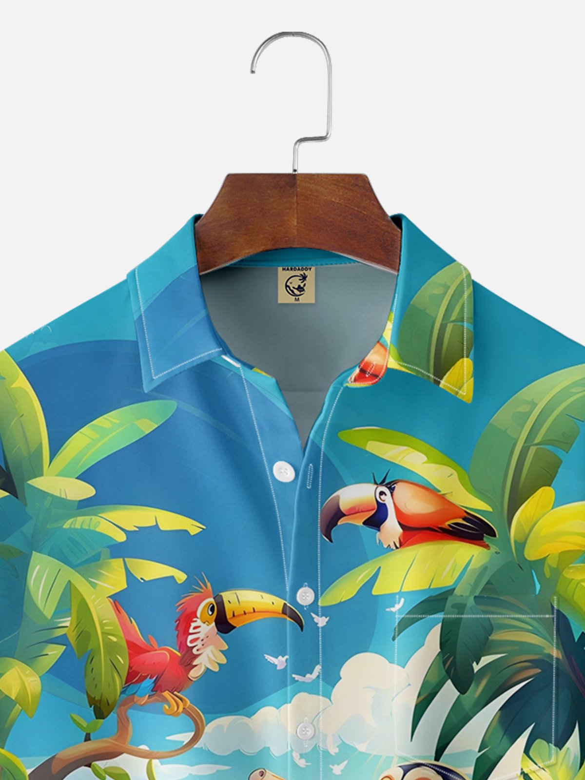 Hardaddy Cartoon Tropical Animals Toucan Monkey Breathable Chest Pocket Hawaiian Shirt