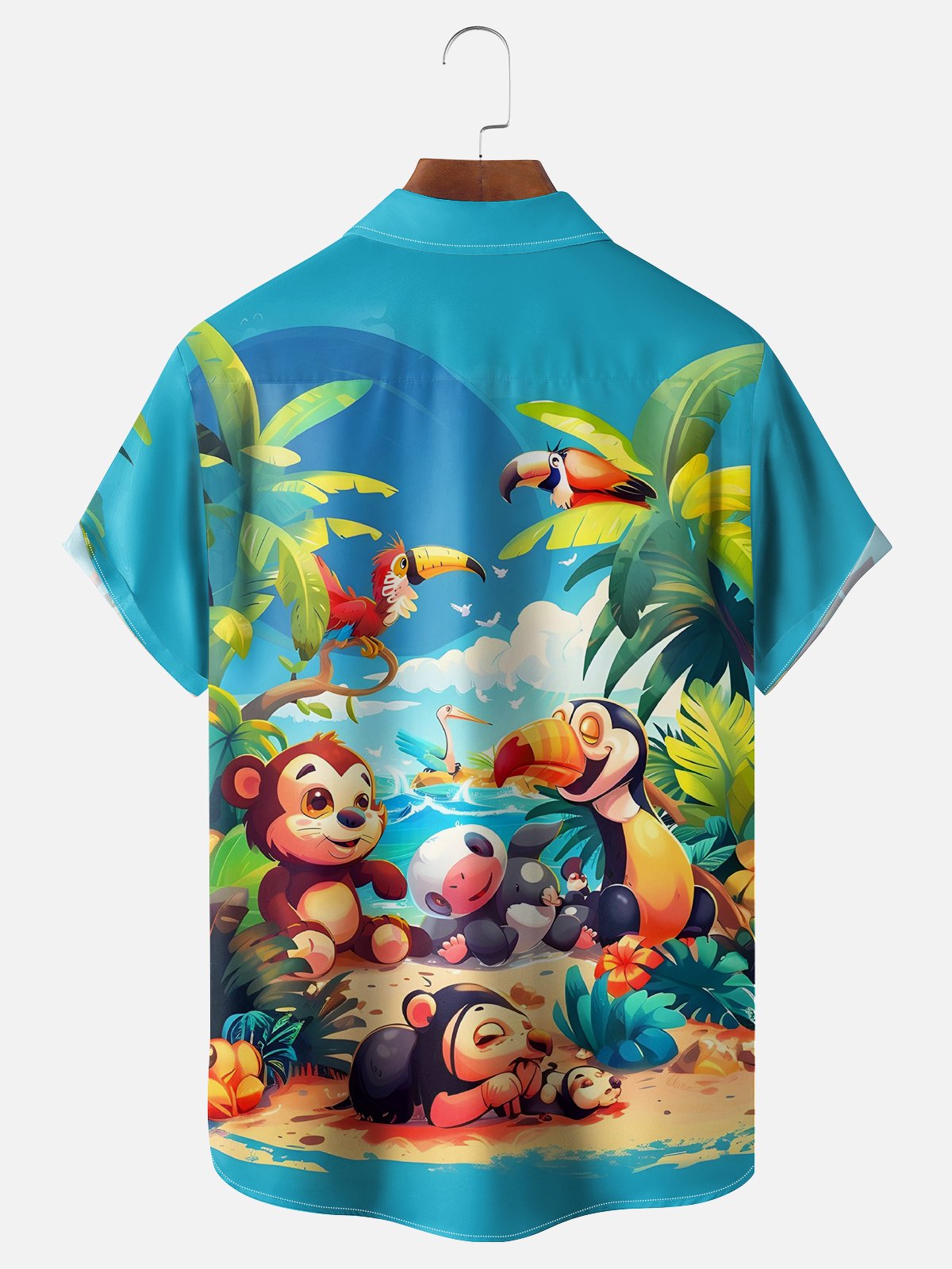 Hardaddy Cartoon Tropical Animals Toucan Monkey Breathable Chest Pocket Hawaiian Shirt