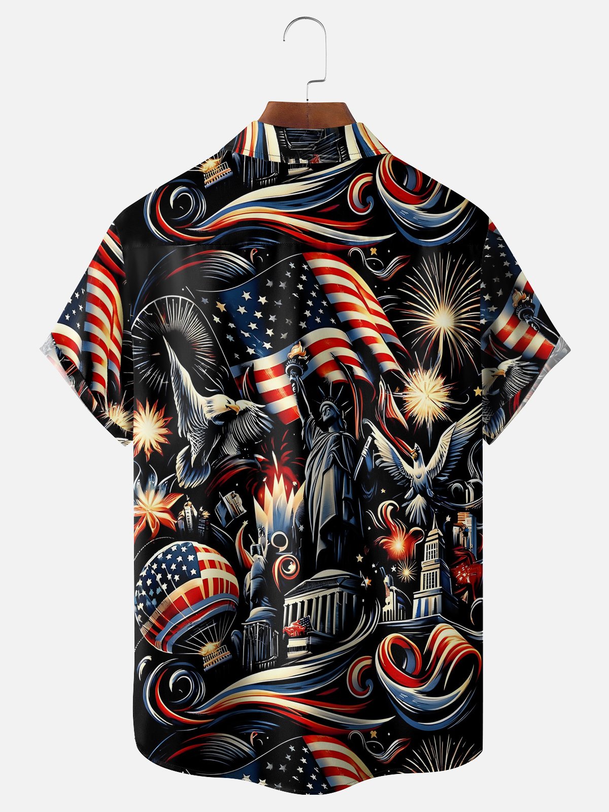 Hardaddy Moisture-wicking Abstract American Flag Fireworks Eagle Statue of Liberty Chest Pocket Hawaiian Shirt