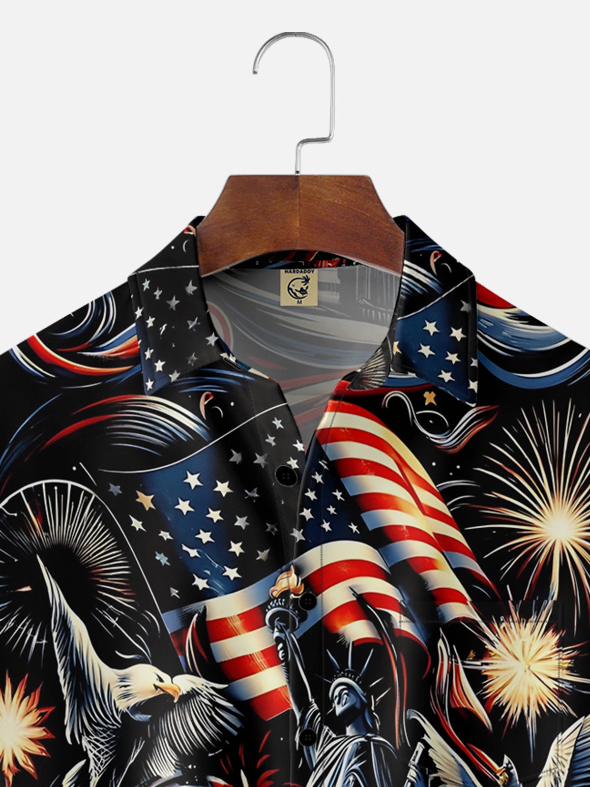 Hardaddy Moisture-wicking Abstract American Flag Fireworks Eagle Statue of Liberty Chest Pocket Hawaiian Shirt