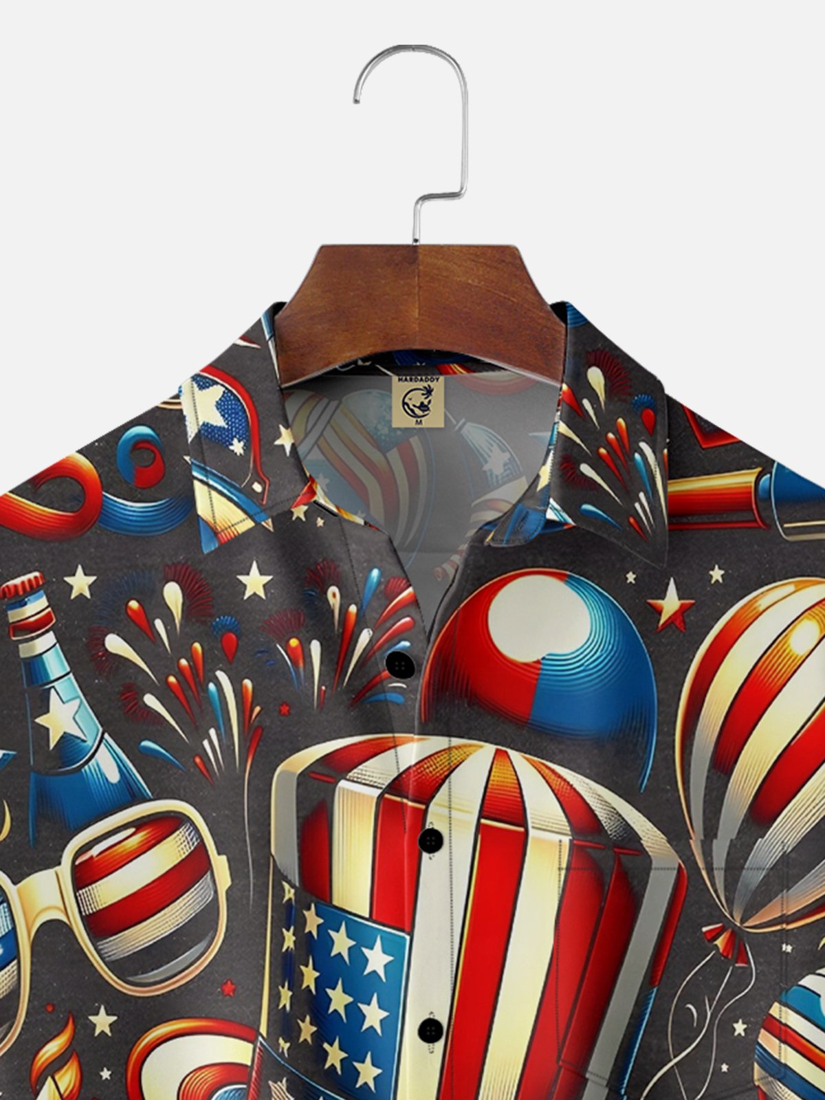 Hardaddy Moisture-wicking Abstract American Flag Fireworks Top Hat Chest Pocket Hawaiian Shirt