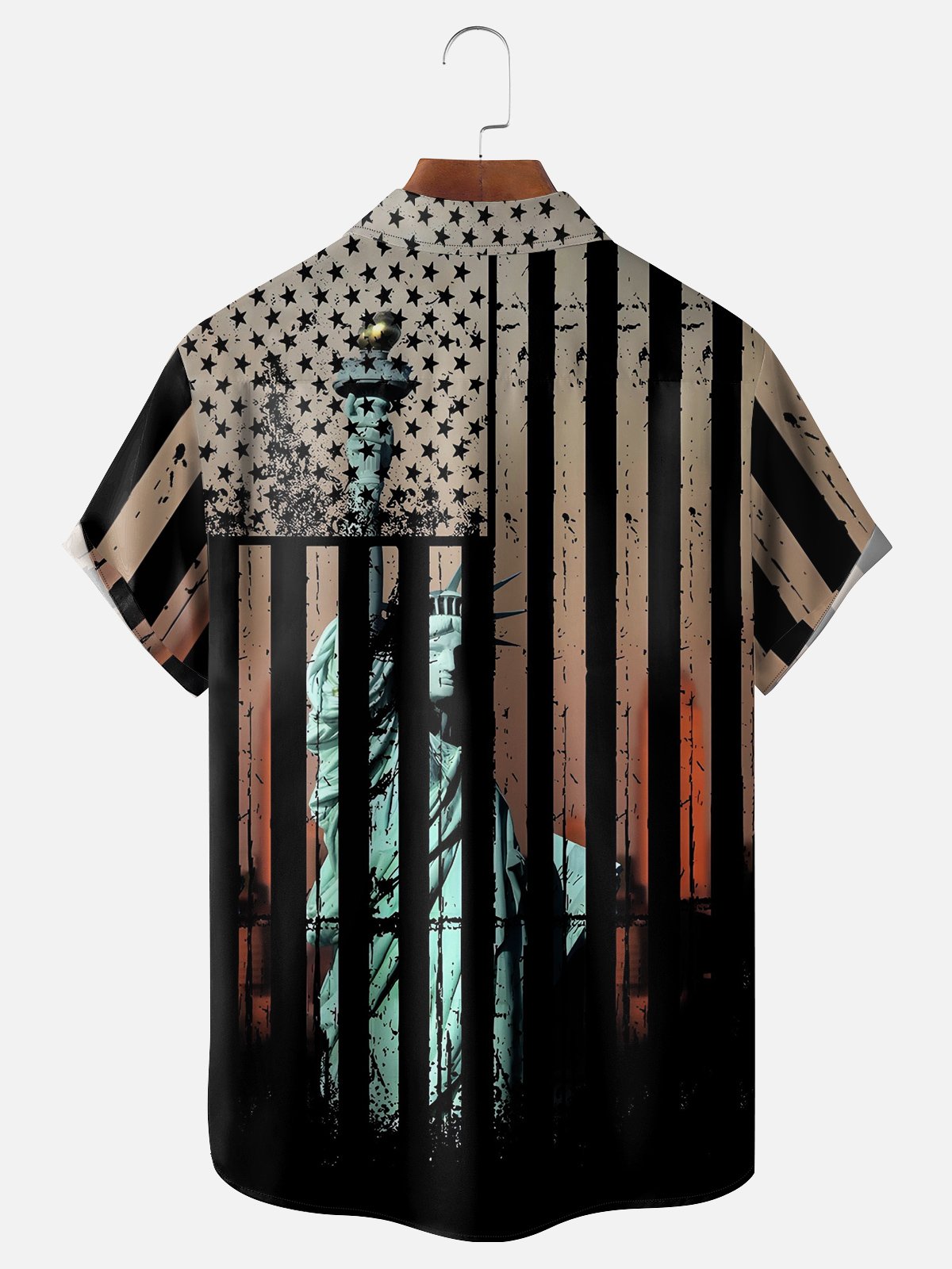 Hardaddy Moisture-wicking Abstract American Flag Lady Liberty Chest Pocket Hawaiian Shirt