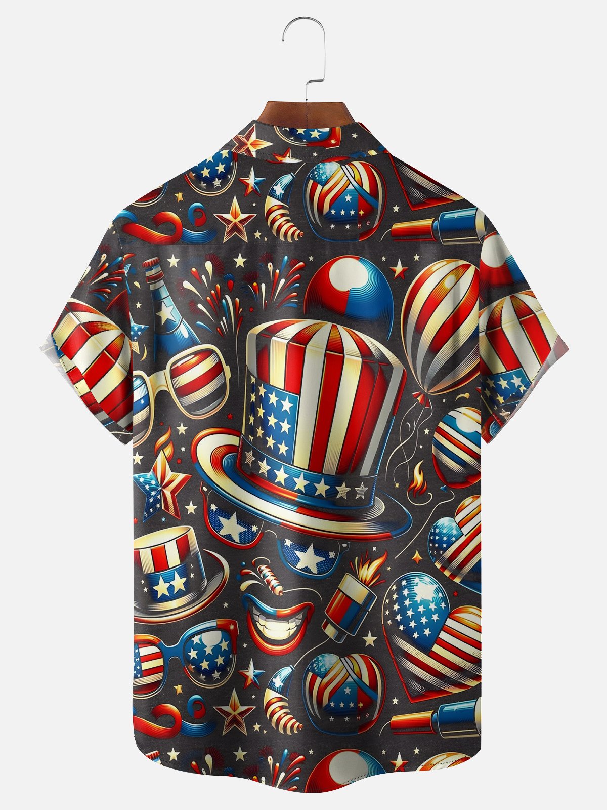 Hardaddy Moisture-wicking Abstract American Flag Fireworks Top Hat Chest Pocket Hawaiian Shirt