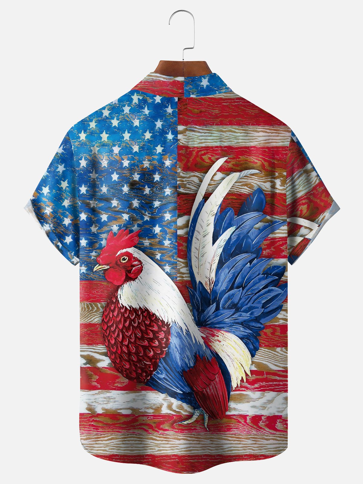 Hardaddy Men's Flag and Rooster Print Casual Breathable Hawaiian Short Sleeve Shirt