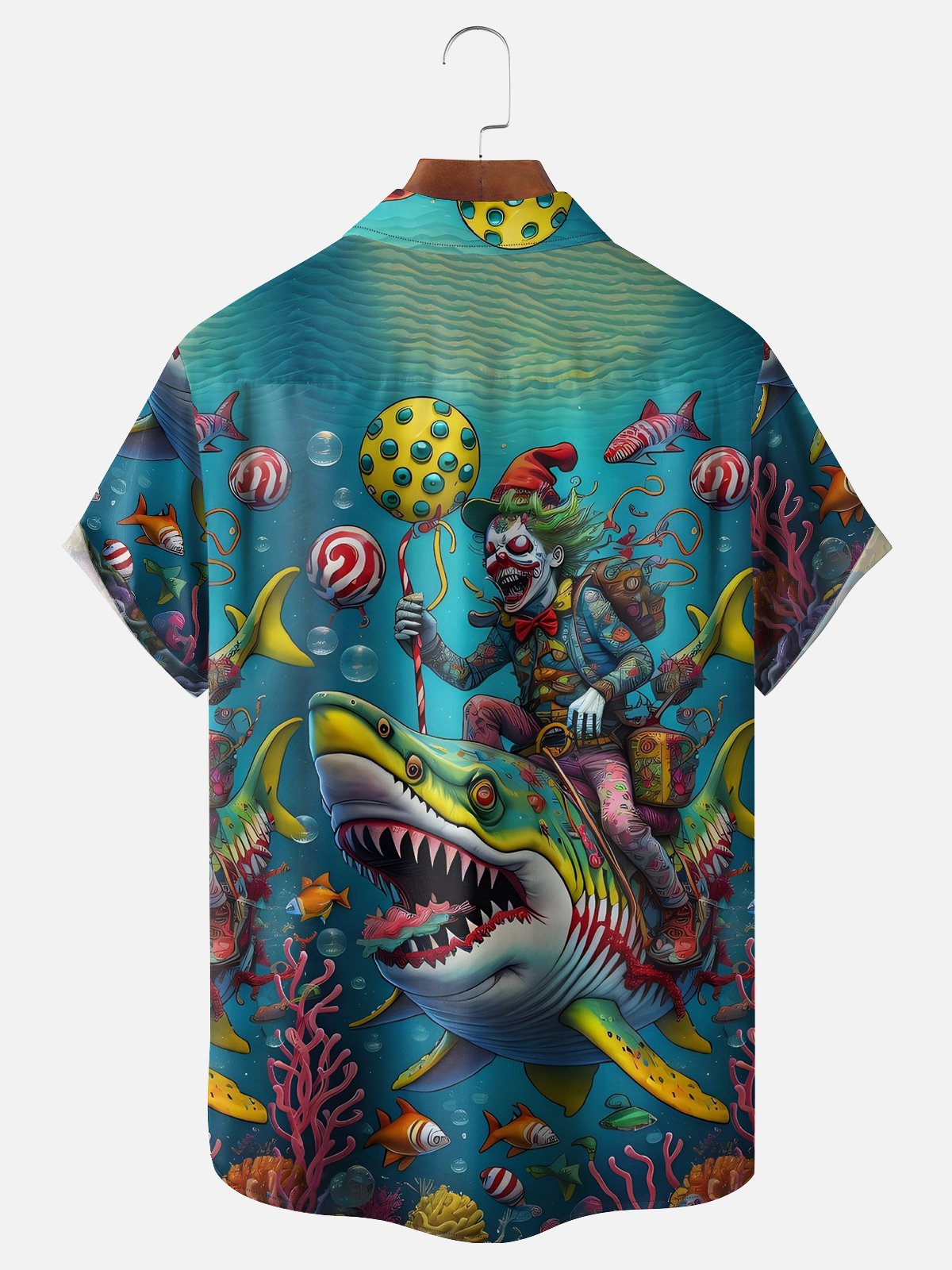 Moisture-wicking Shark Clown Chest Pocket Hawaiian Shirt