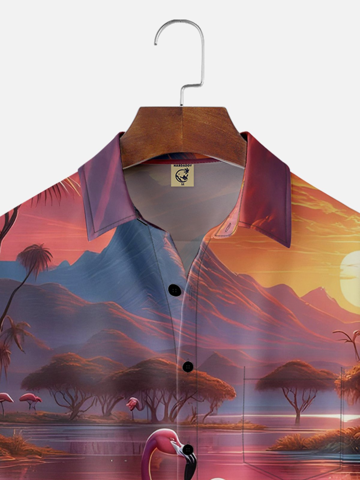 Moisture-wicking Sunset Scene Flamingo Chest Pocket Hawaiian Shirt