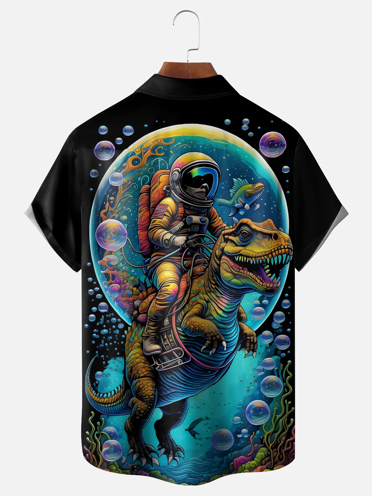 Moisture-wicking Astronaut Dinosaur Chest Pocket Hawaiian Shirt