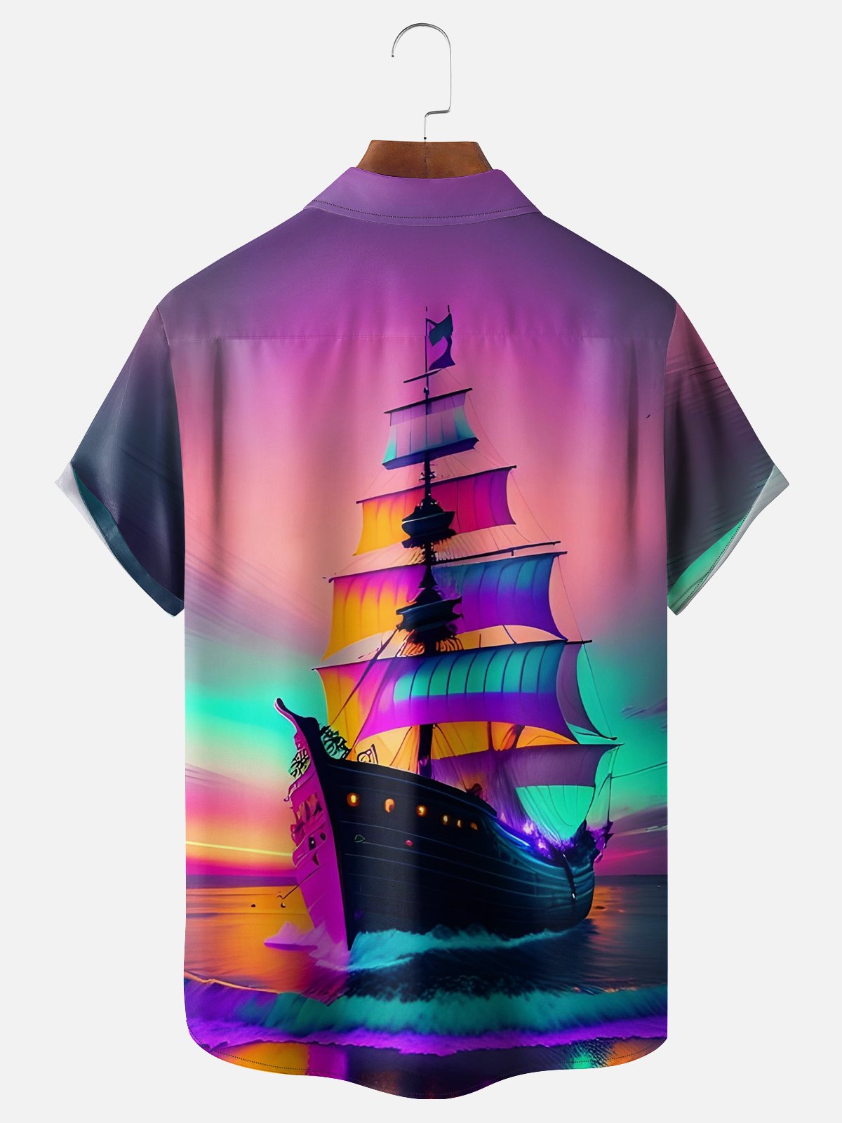 Moisture-wicking Gradient Color Sail Boat Chest Pocket Hawaiian Shirt