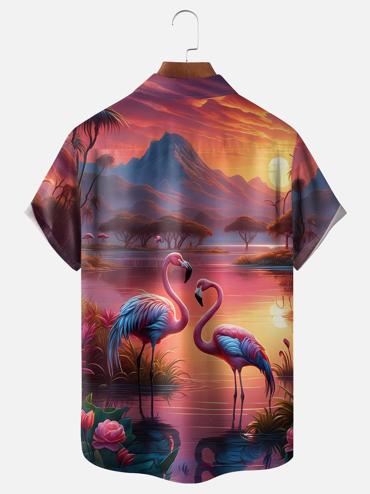 Moisture-wicking Sunset Scene Flamingo Chest Pocket Hawaiian Shirt