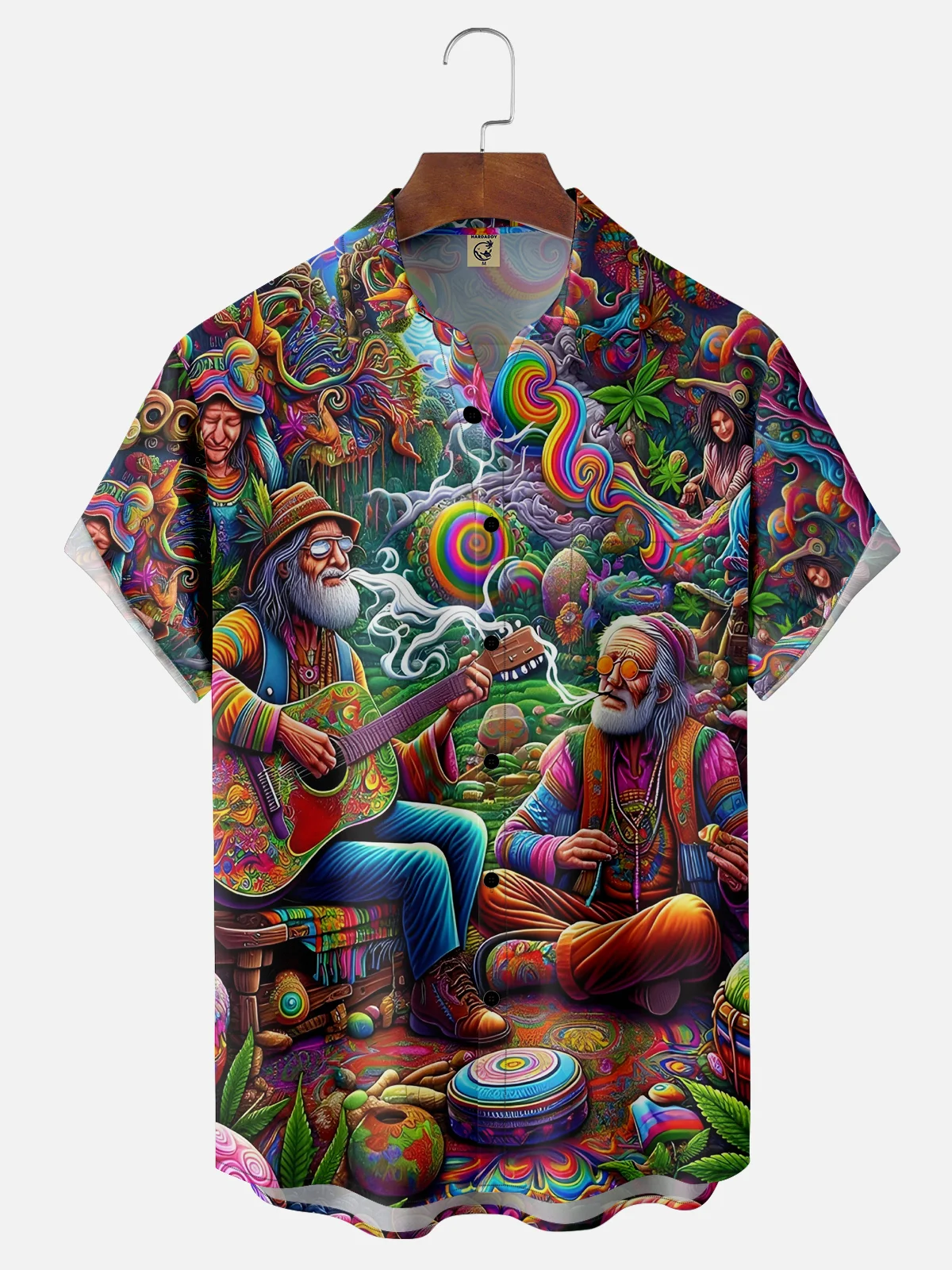 Moisture-wicking Colorful Hippie Character Chest Pocket Hawaiian Shirt