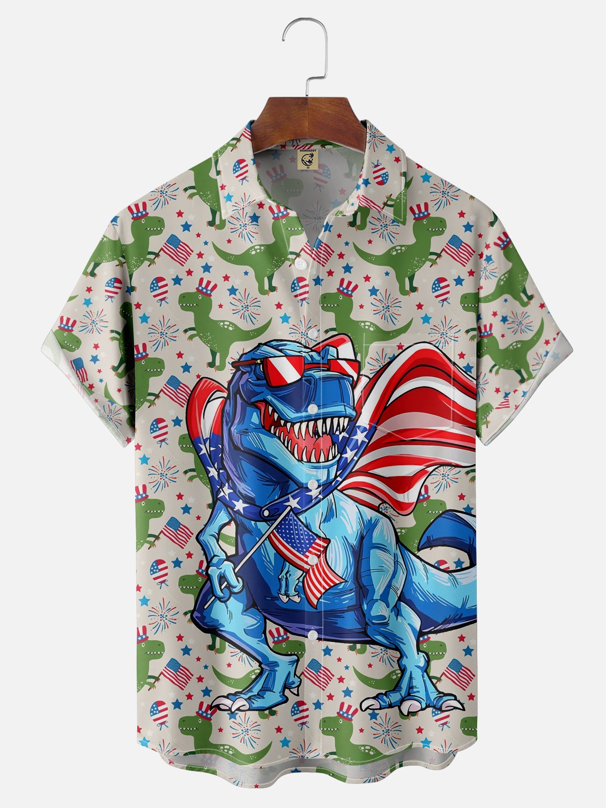 Moisture-wicking Memorial Day Dinosaur Chest Pocket Hawaiian Shirt