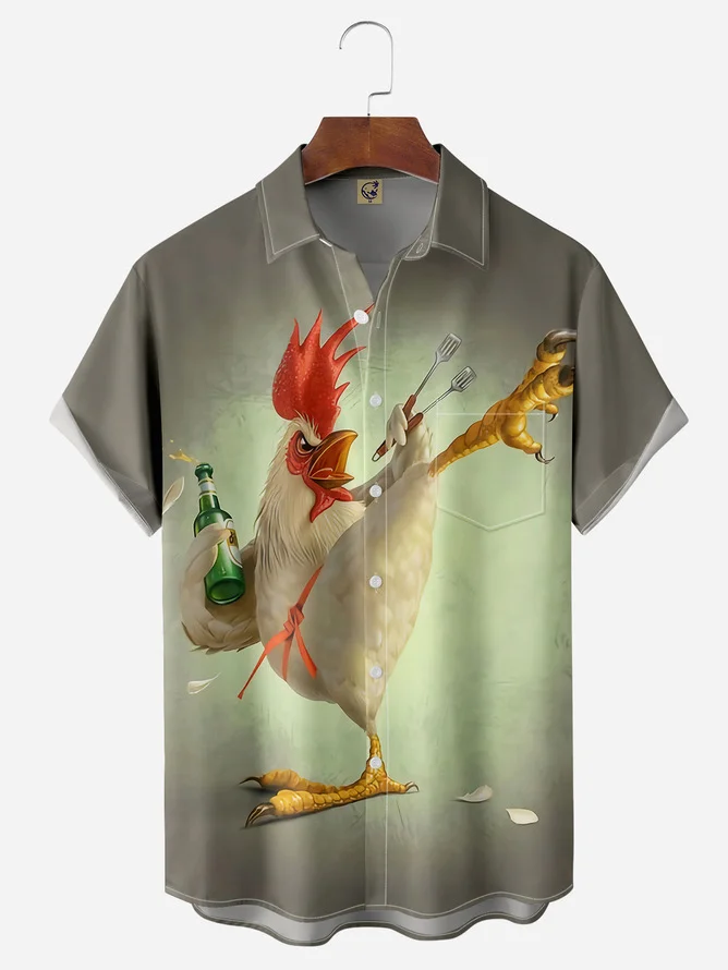 6-Pack Moisture-wicking Breathable Rooster Toucan Parrot Chest Pocket Hawaiian Shirt