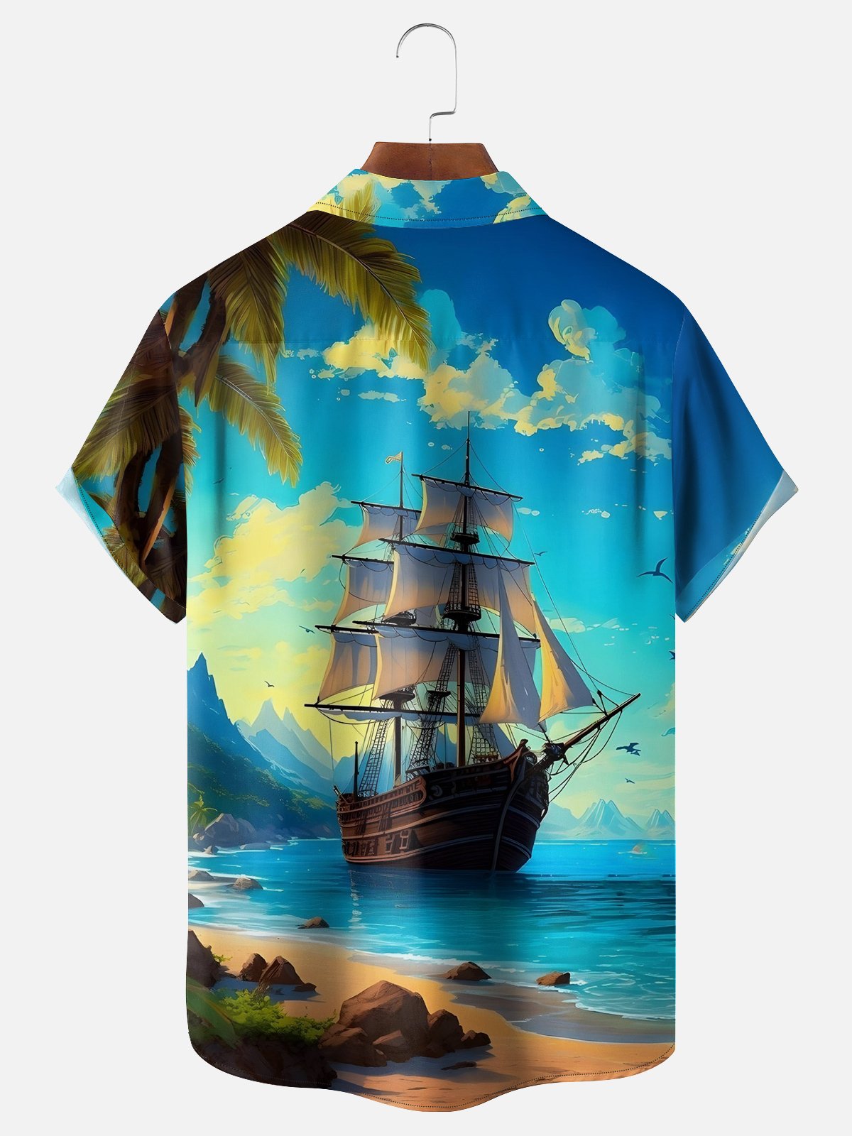 Moisture-wicking Beach Sunset Sailboat Chest Pocket Hawaiian Shirt