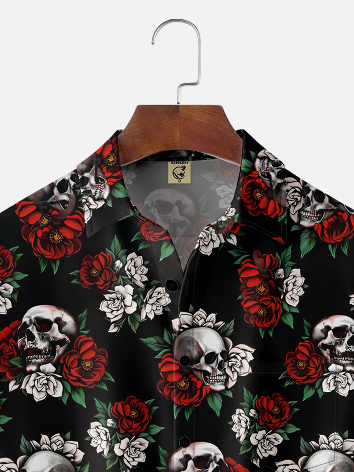 Moisture-wicking Rock Skull Rose Chest Pocket Hawaiian Shirt