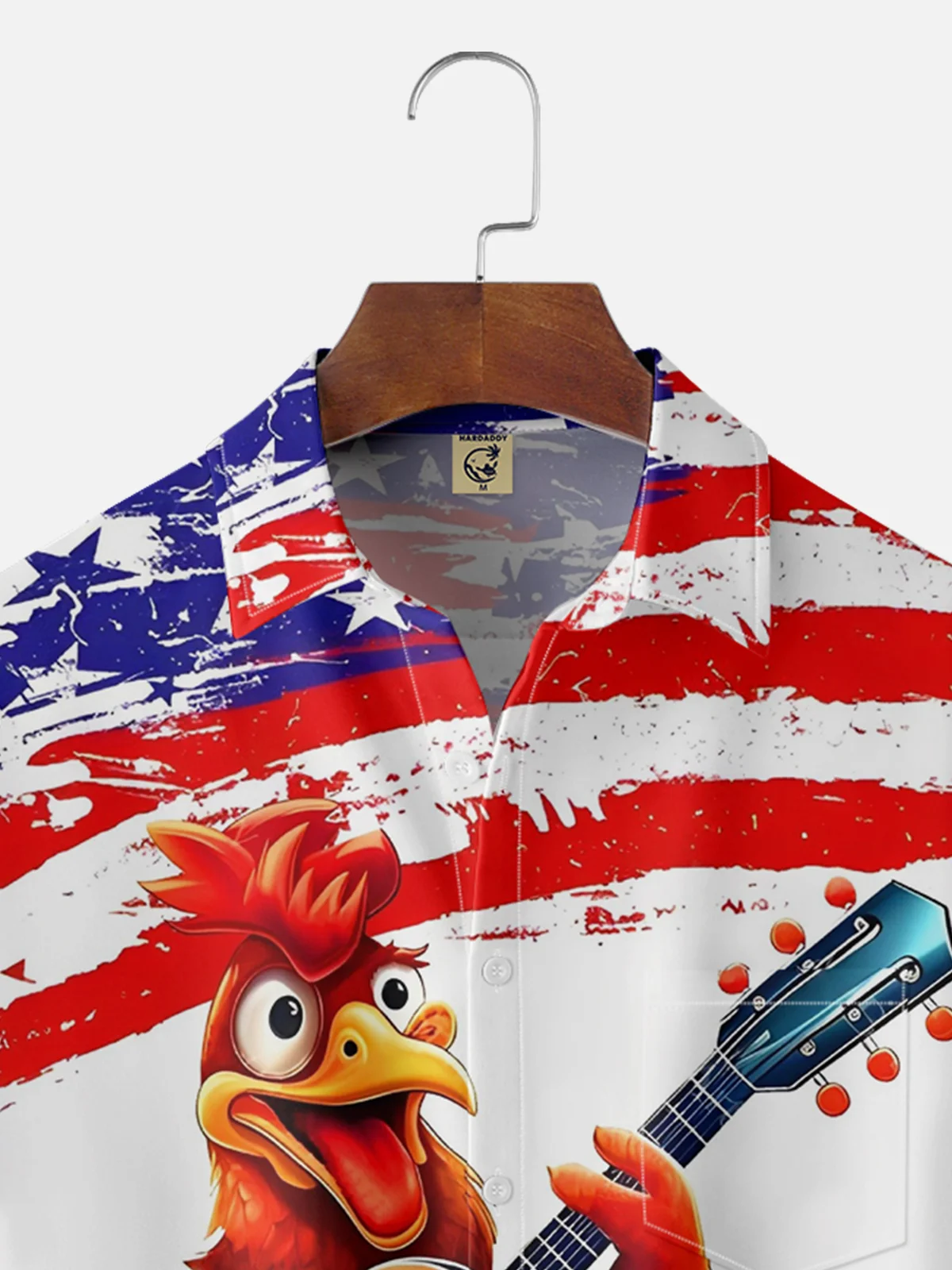 Moisture-wicking American Flag Rooster Chest Pocket Hawaiian Shirt