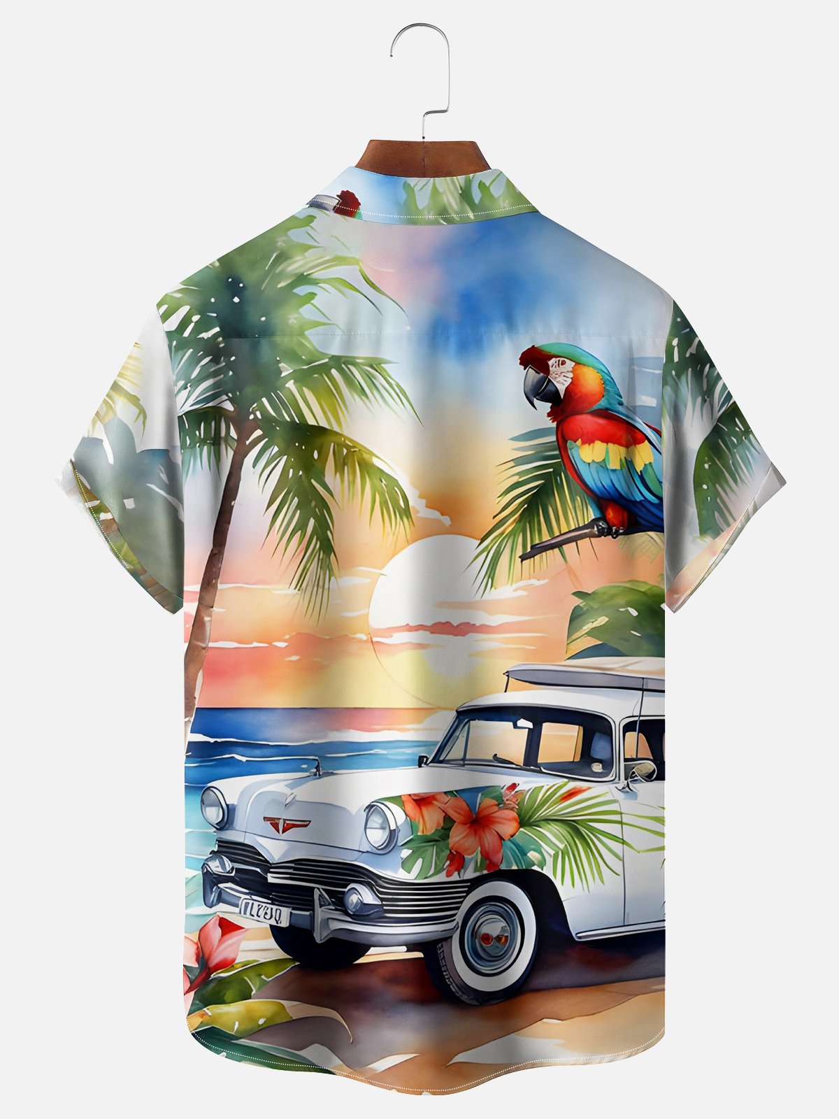 Moisture-wicking Coconut Tree Parrot Chest Pocket Hawaiian Shirt