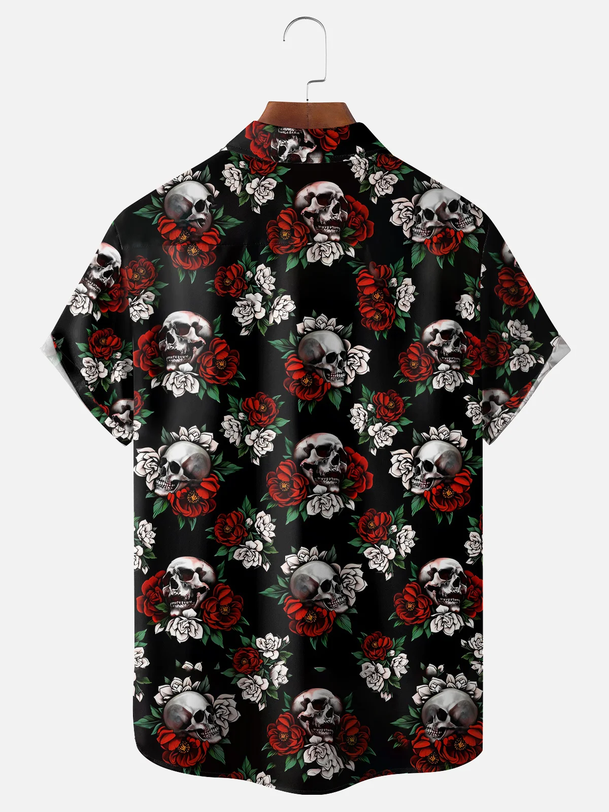 Moisture-wicking Rock Skull Rose Chest Pocket Hawaiian Shirt