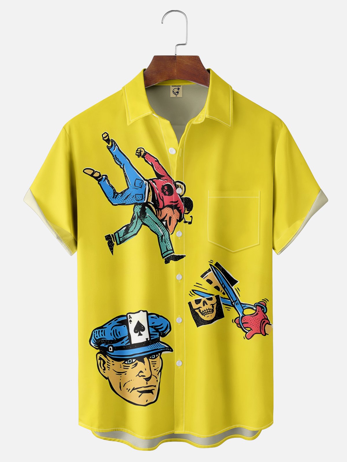 Moisture-wicking Retro Character Illustration Chest Pocket Hawaiian Shirt