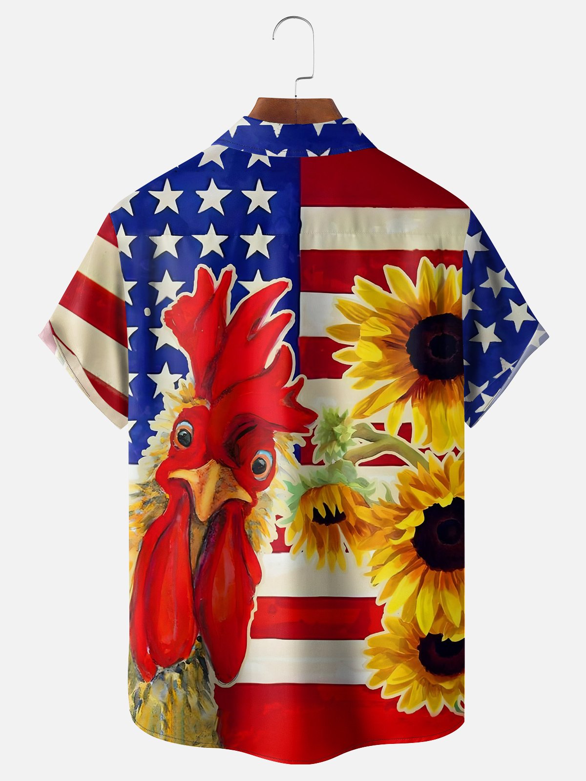 Moisture-wicking American Flag Rooster Chest Pocket Hawaiian Shirt