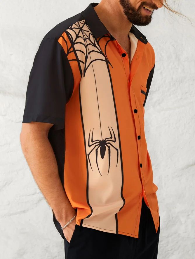 Mens Funky Halloween Spider Print Front Buttons Soft Breathable Chest Pocket Casual Aloha Shirt