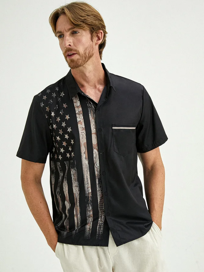 Hardaddy Mens American Flag Print Lapel Loose Short Sleeve Trendy Hawaiian Shirt