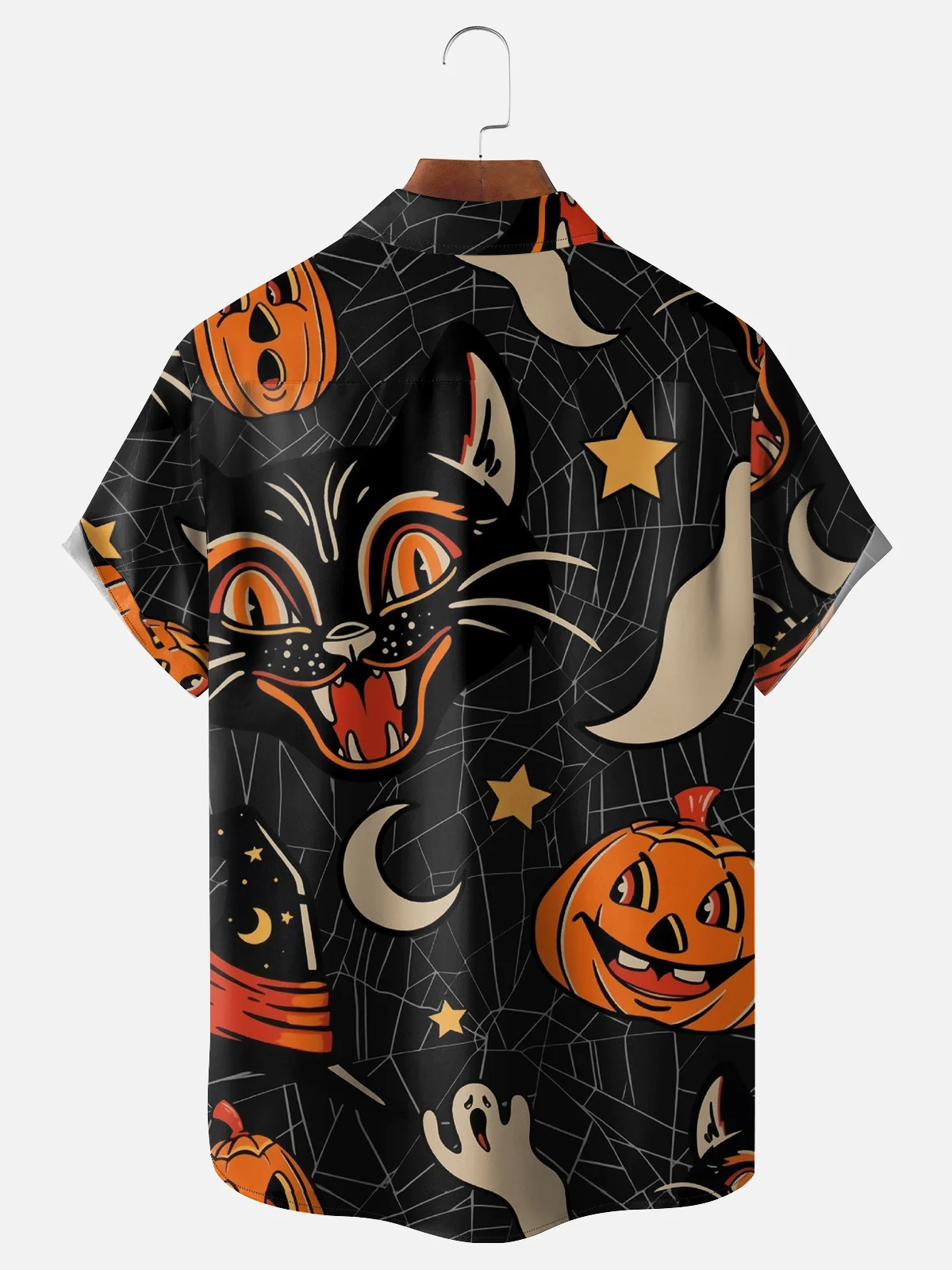 Men's Halloween Pumpkin Cat Print Casual Breathable Short Sleeve Shirt