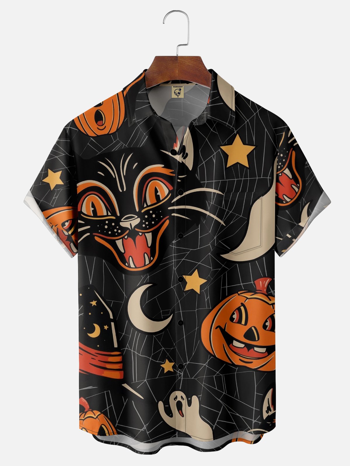 Men's Halloween Pumpkin Cat Print Casual Breathable Short Sleeve Shirt