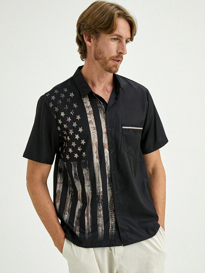 Hardaddy Mens American Flag Print Lapel Loose Short Sleeve Trendy Hawaiian Shirt
