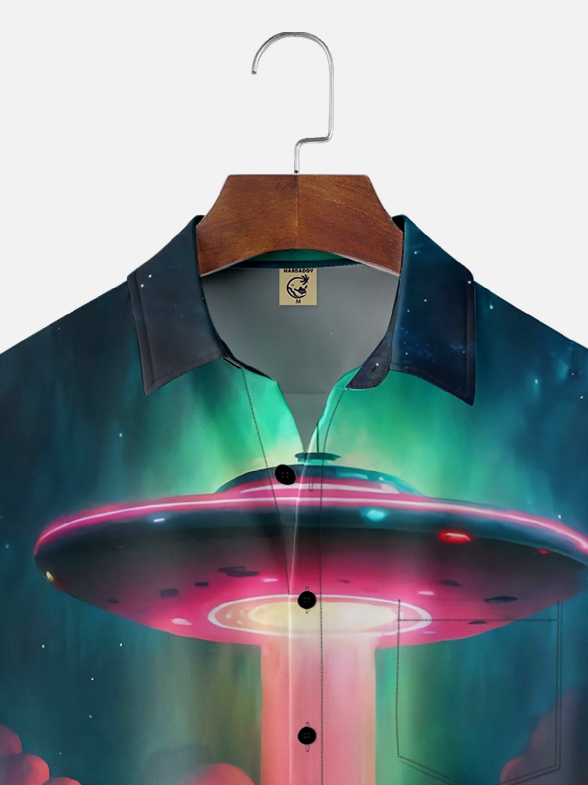 Moisture-wicking Gradient Color Space Spaceship Chest Pocket Hawaiian Shirt