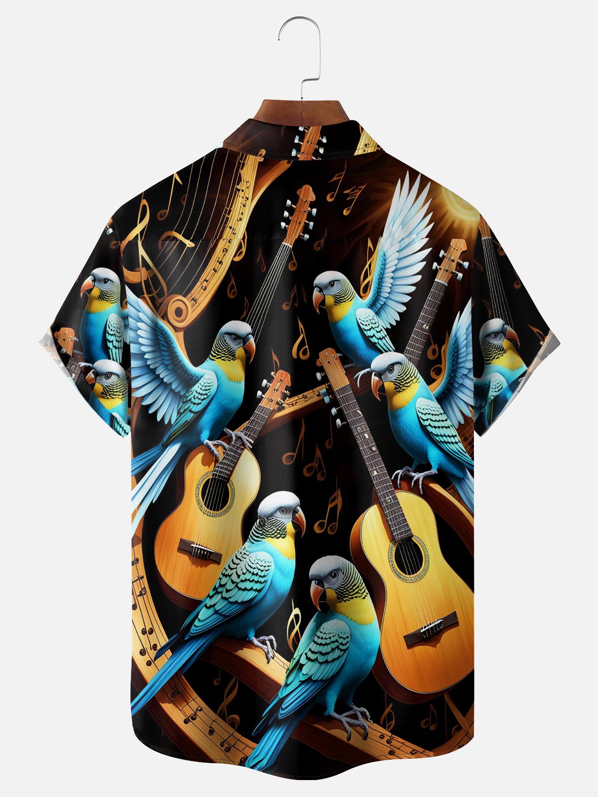 Moisture-wicking Musical Parrot Chest Pocket Hawaiian Shirt