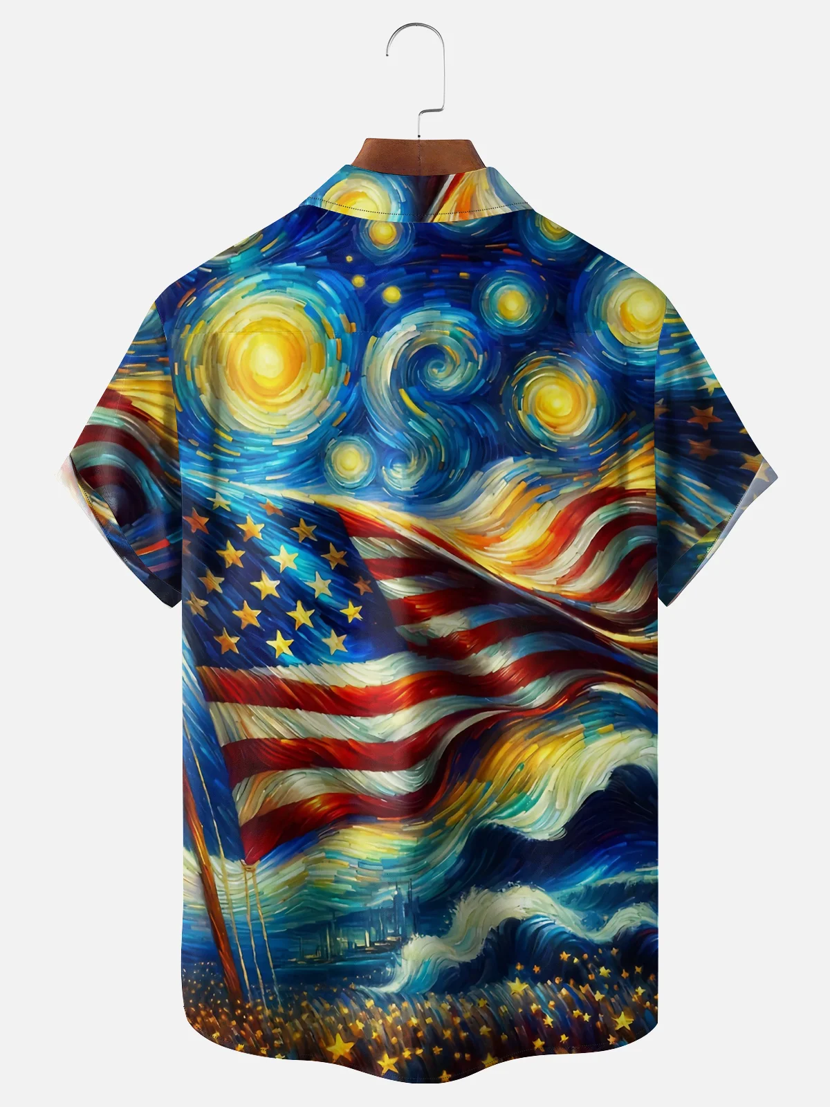 Moisture-wicking Oil Painting American Flag Chest Pocket Hawaiian Shirt