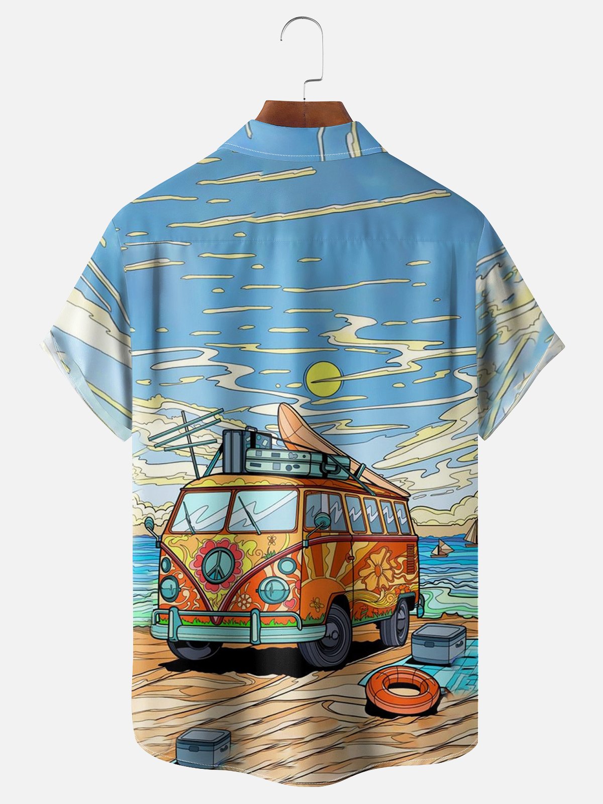 Moisture-wicking Beach Car Art Painted Chest Pocket Hawaiian Shirt