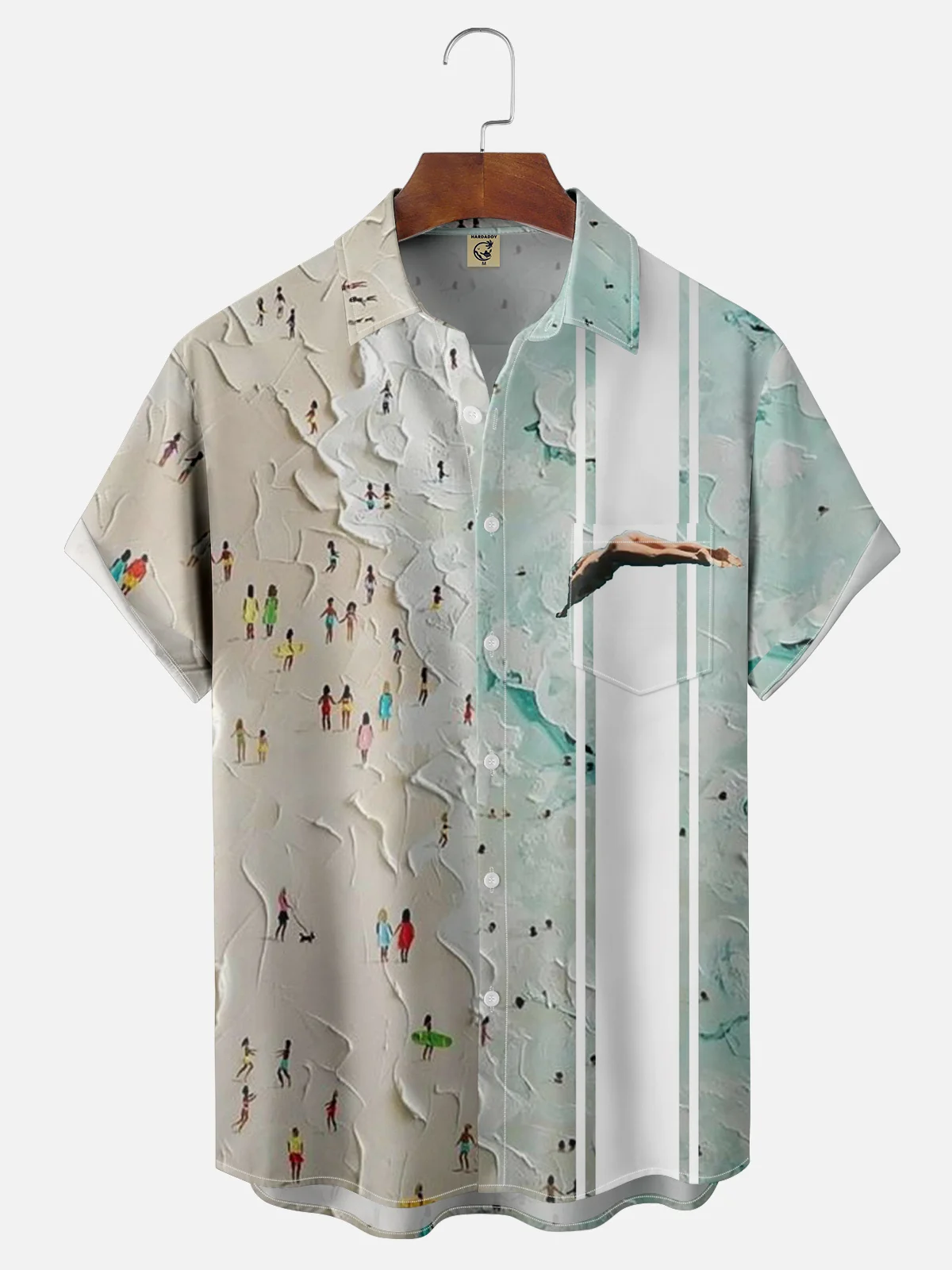 Moisture-wicking Beach Art Painting Chest Pocket Bowling Shirt