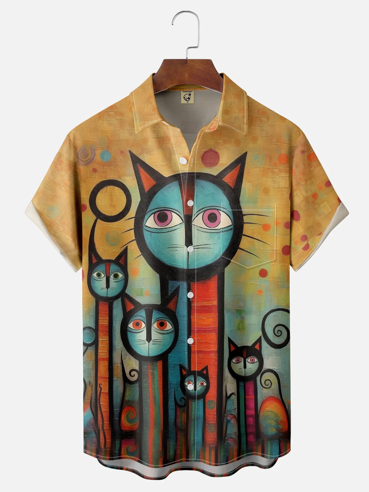 Moisture-wicking Cat Art Painted Chest Pocket Hawaiian Shirt