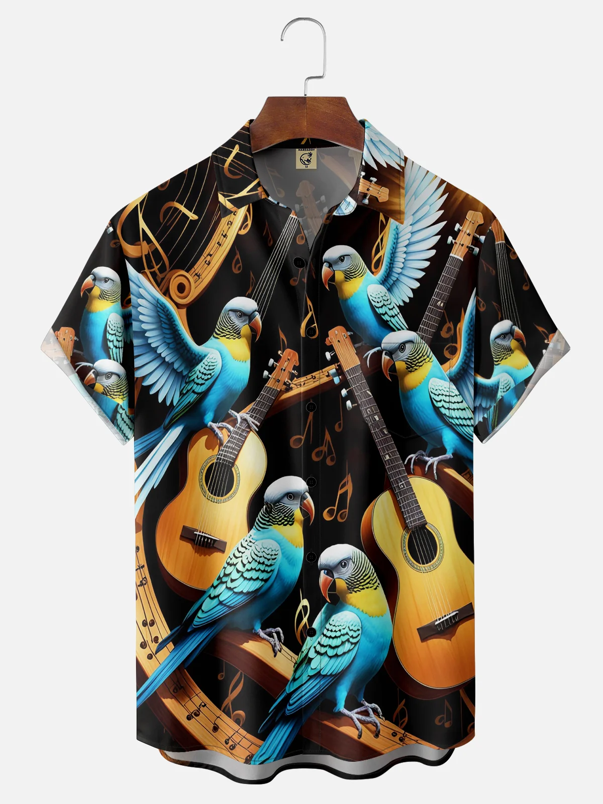 Moisture-wicking Musical Parrot Chest Pocket Hawaiian Shirt