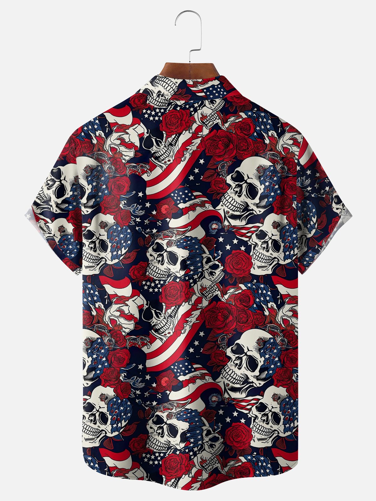 Moisture-wicking American Flag Skull Chest Pocket Hawaiian Shirt