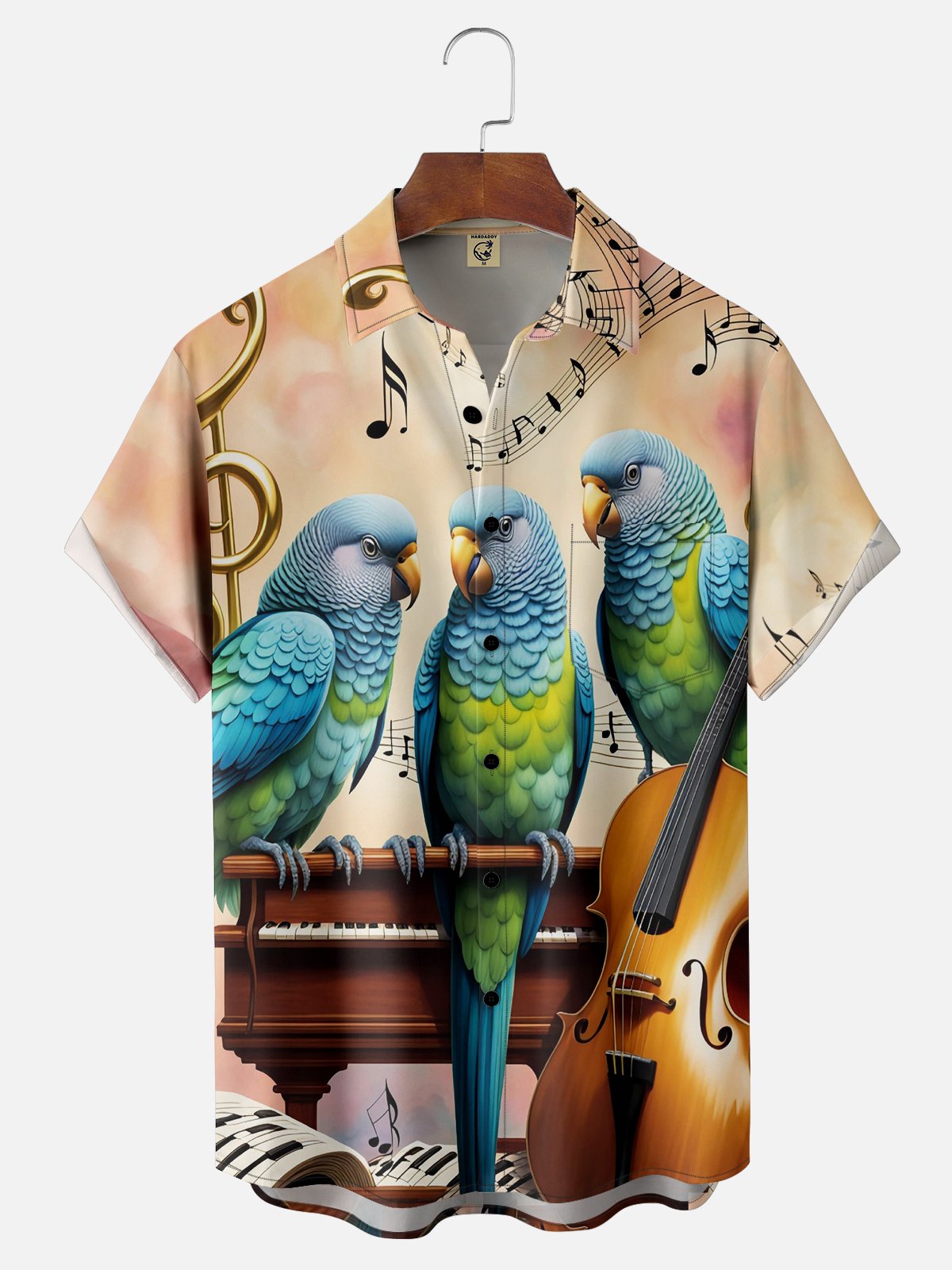 Moisture-wicking Musical Parrot Chest Pocket Hawaiian Shirt