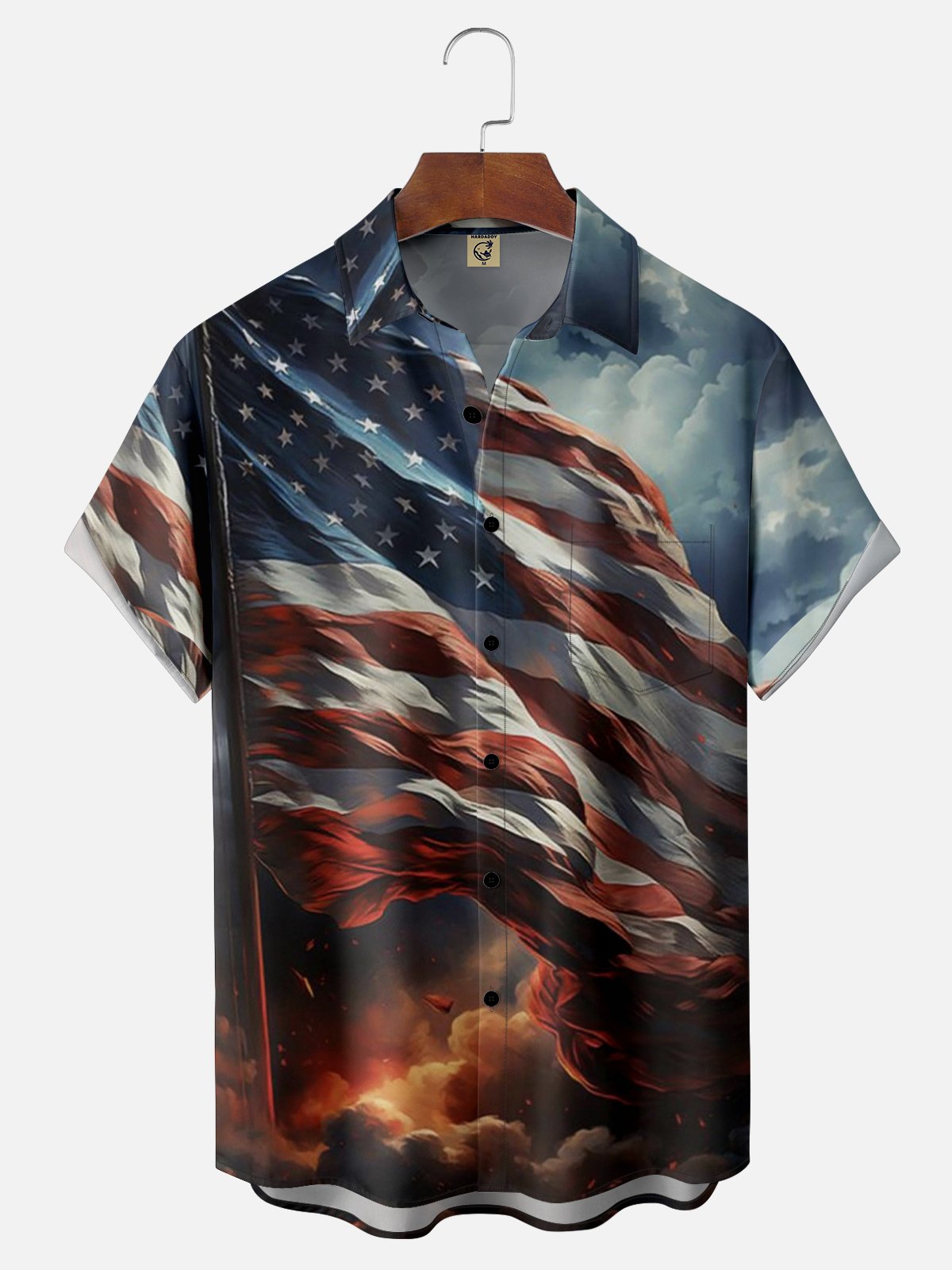 Moisture-wicking American Flag Illustration Chest Pocket Hawaiian Shirt