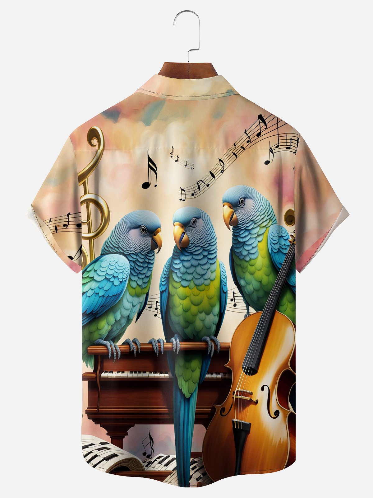 Moisture-wicking Musical Parrot Chest Pocket Hawaiian Shirt