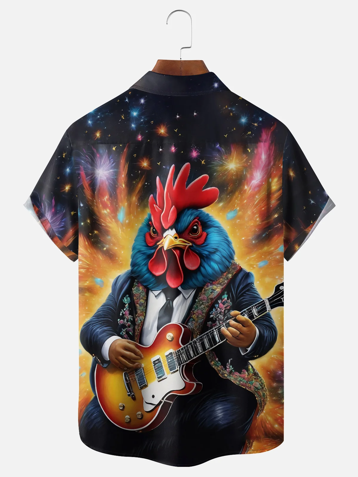 Moisture-wicking Fun Music Rooster Chest Pocket Hawaiian Shirt